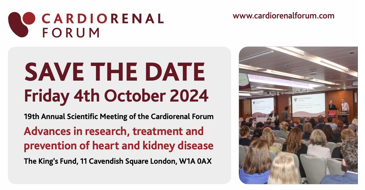Registration open: 19th Annual Scientific Meeting of The Cardiorenal Forum, 4th October-Advances in research, treatment & prevention of heart and kidney diseases. Anaemia, Cardio-oncology, HFpEF, palliative care, DM/CKD Primary Care- overviews. wheldonevents.co.uk/online-registr… @UKKidney