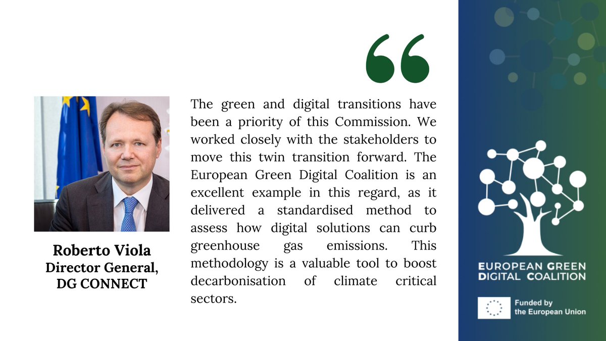 'The EGDC delivered a standardised method to assess how digital solutions can curb greenhouse gas emissions. This methodology is a valuable tool to boost decarbonisation of climate critical sectors', says @ViolaRoberto, Director General of DG CONNECT. 💡t.ly/n2Jc3