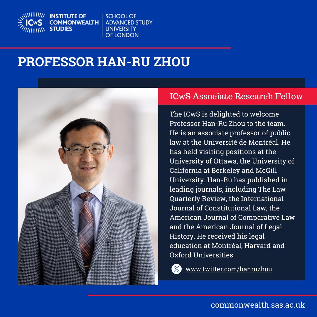 Welcome to the #ICwS - Introducing Associate Research Fellow @hanruzhou who joined us earlier this year. An associate professor of #publiclaw at the @UMontreal, he has held visiting positions at the @uOttawa, @UCBerkeley and @mcgillu. commonwealth.sas.ac.uk/people/profess… #humanrightslaw