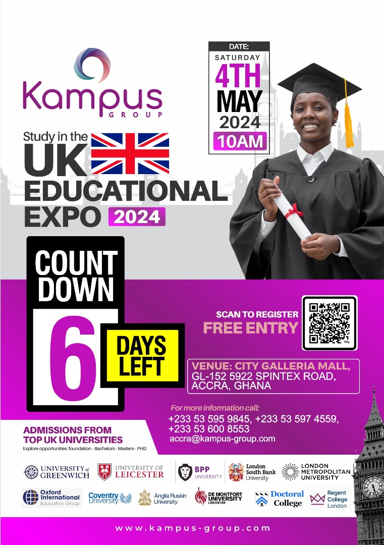 Are you ready for the Kampus Group Study in UK Educational Expo at the City Galleria Mall behind the Accra  Mall on 4th May