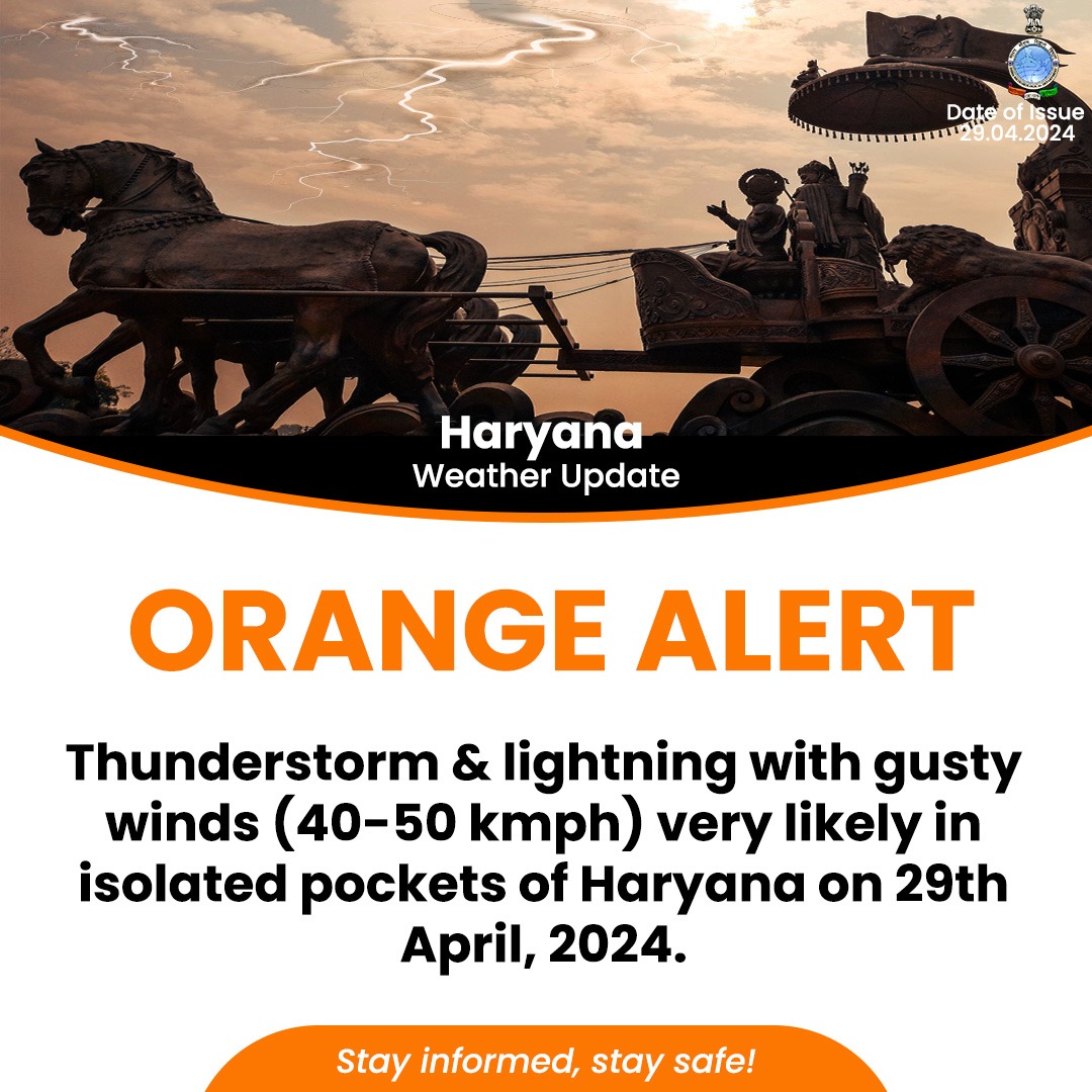Thunderstorm & lightning with gusty winds (40-50 kmph) very likely in isolated pockets of Haryana on 29th April, 2024. #WeatherUpdate #Thunderstorm @moesgoi @DDNewslive @ndmaindia @airnewsalerts