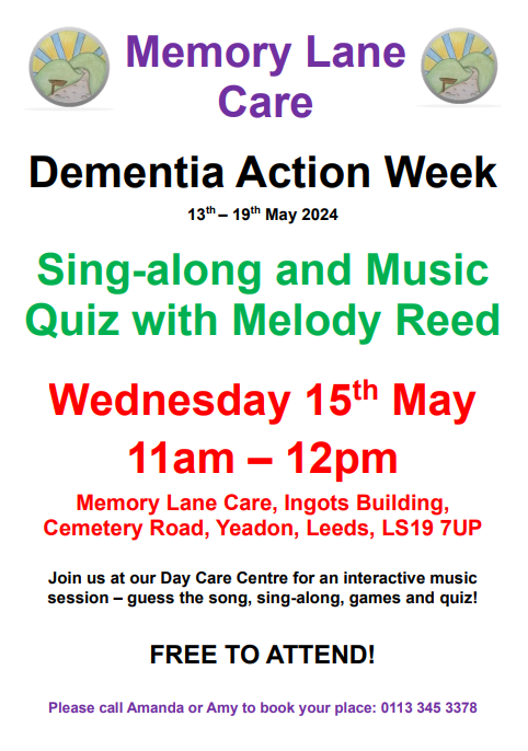 Dementia Action Week – 13-19 May 2024 Today in Leeds: Memory Lane Care – Dementia Awareness, Dementia Friends, singalong, music quiz See list of local events. bit.ly/FriendlyCommun… @alzheimerssoc @MyForumCentral @AgeFriendlyLDS @leedsdaa @MemoryLane_Care