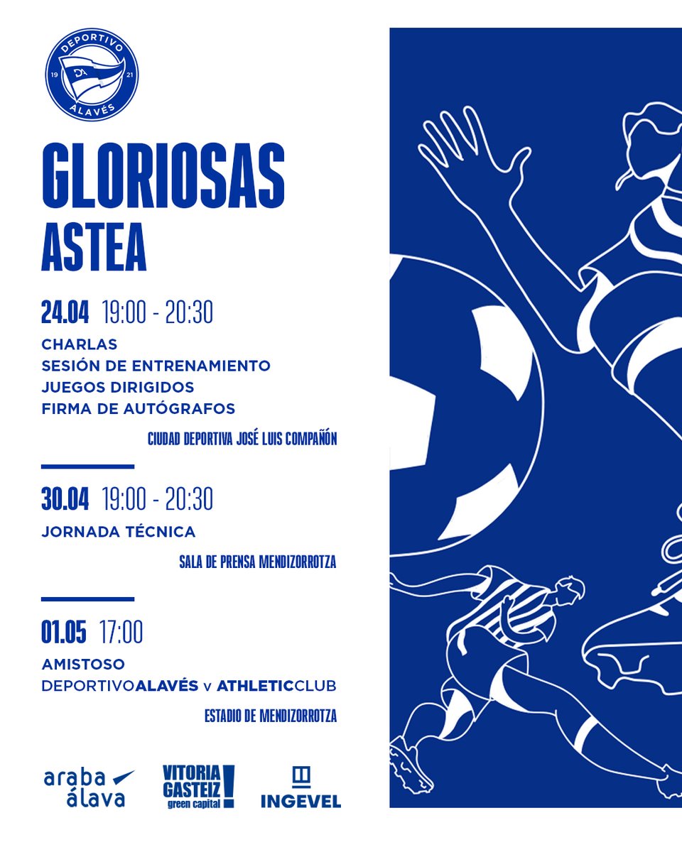 ¡Todavía nos queda mucha #GloriosasAstea! 📆 Martes 30 ⌚️ 19:00 horas 👩‍🏫 Jornadas Técnicas 📆 Miércoles 1 ⌚️ 17:00 horas 🎟️ Baskonia-Alavés Store 🏟️ ¡Partidazo 🆚 @AthleticClubFem en Mendi! #GoazenGloriosas ⚪️🔵