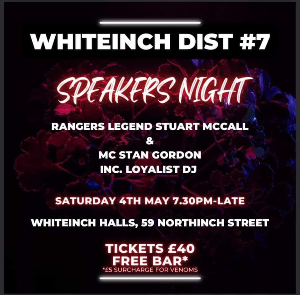Fantastic Speakers Night in Whiteinch Halls with Stuart McCall, Saturday 4th May 2024 A great night of chat ahead and a fantastic deal on drink! Please email whiteinchdistrictno7@hotmail.com for tickets. followfollow.com/forum/threads/…