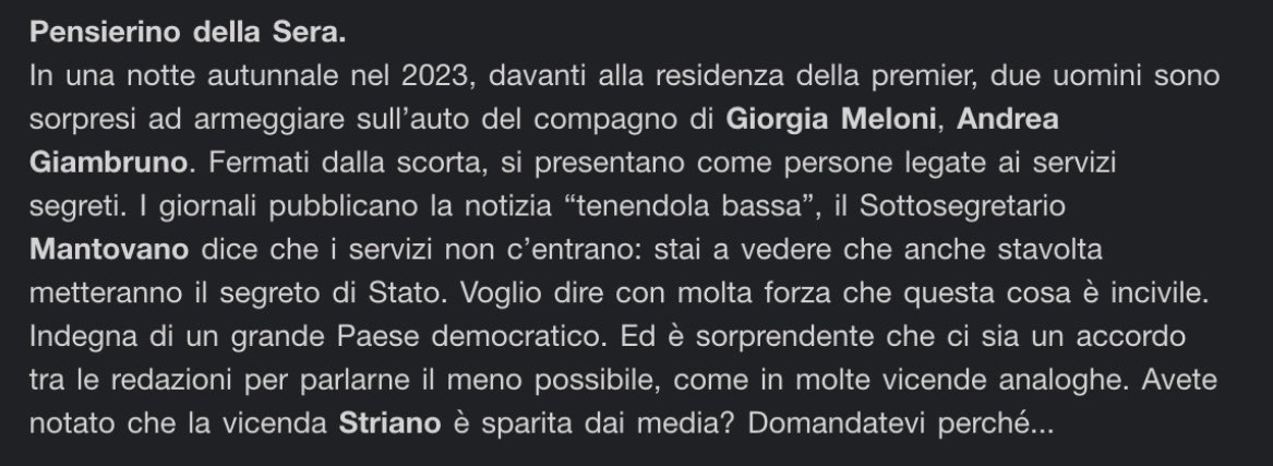 Ha ragione da vendere @matteorenzi sulla vicenda auto Giambruno.

Perché sui media e giornali se ne parla poco?  

Chi erano quelle persone e cosa volevano esattamente? 

E la vicenda dossieraggio che fine ha fatto? 

E-news