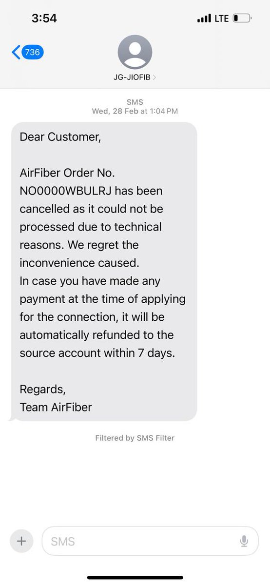 I hv optd for JioAirFiber on 22.01.2024. With Full Pymt dn in adv.. Due to Tech Iss of JioairFibre Tm cnctn was nt actcd. As pr thr sgst to cncl the ordr as the tech issue ws nt posbl to slv.,Jio emp hmslf cancld the conctn with surety of refund in 15 wrking days.Till dt no rfnd