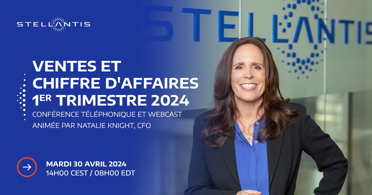 📣 #Stellantis publiera ses volumes de ventes et son chiffre d’affaires du 1er trimestre 2024, le mardi 30 avril 2024 via un webcast et une conférence téléphonique à partir de 14h00 CEST / 08h00 EDT. Tous les détails sont disponibles ici : media.stellantis.com/fr-fr/corporat…