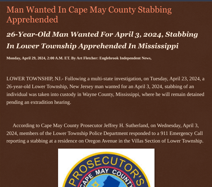 Monday, April 29, 2024 Man #Wanted In @Cape_May_County #Stabbing #Apprehended 26-Year-Old Man #Wanted For April 3, 2024, @Stabbing In @Lower_Townshipnj @Apprehended In @Mississippi #aggravated #assault #weapons @wireless_step @HRG_Media @LodiNJNews @Breaking911 @gator4kb18…