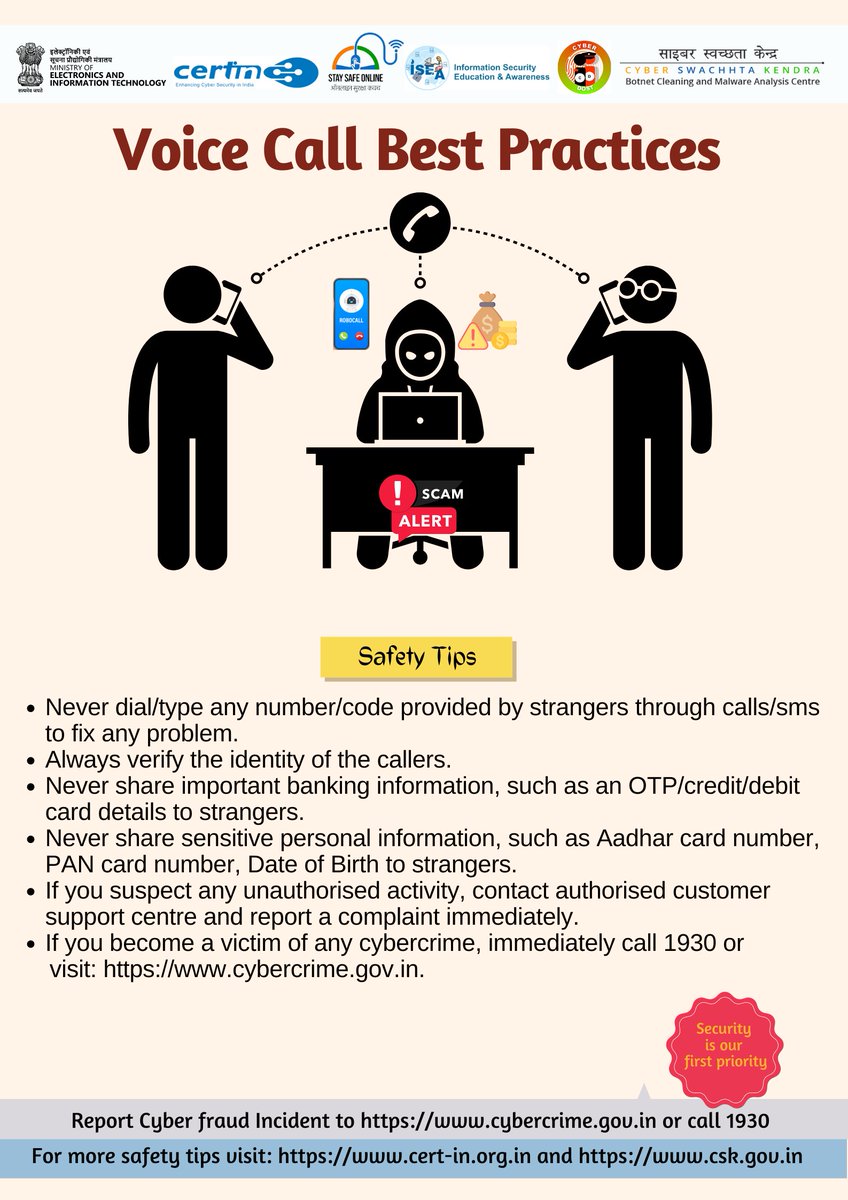 Safety tip of the day: Always verify the identity of the callers.
#indiancert #cyberswachhtakendra #staysafeonline  #cybersecurity  #besafe #staysafe #mygov #Meity 
#onlinefraud #cybercrime #scamming #cyberalert #CSK #cybersecurityawareness