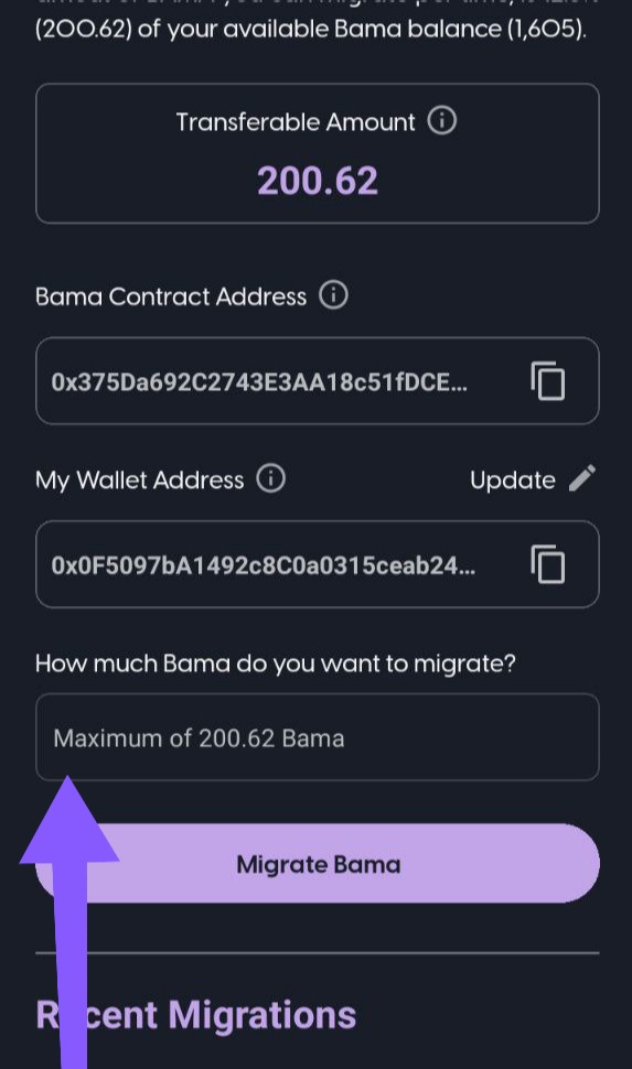 The BAMA migration is gasless as promised but many users still do not understand the simple steps. All you need to do is to enter the amount of $BAMA you want to migrate and click on migrate.