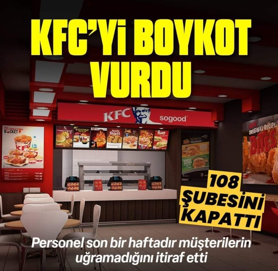 ABD'li restoran zinciri KFC, Malezya'da, İsrail'in Gazze'ye saldırılarına tepki göstermek ve Filistin halkına destek vermek amacıyla başlatılan boykotun ardından 108 şubesini geçici olarak kapattı. Bizde sözde BOYKOT yaptık kaç şube katıldı. Bilen duyan var mı?