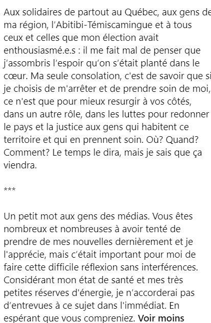 ÉMILISE LESSARD-THERRIEN QUITTE SES FONCTIONS DE CO-PORTE-PAROLE FÉMININE DE QUÉBEC SOLIDAIRE Elle en fait l'annonce dans une lettre publiée il y a environ une heure sur son compte Facebook dans un long texte. Un texte qui laisse comprendre que sa présence était malaisante pour…