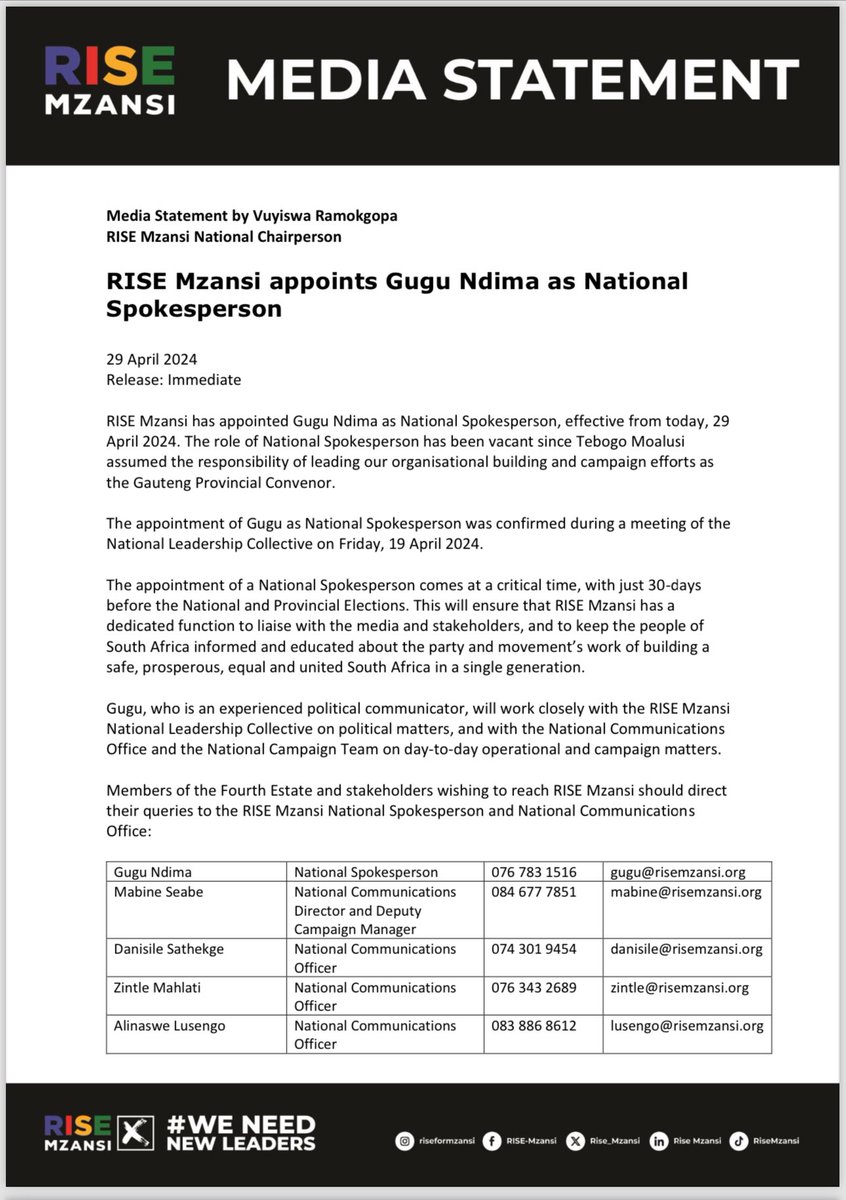 After a five year hiatus from politics I’m truly humbled to be part of @Rise_Mzansi . I’m truly humbled at the opportunity to serve as their National Spokesperson 💙❤️ 💛💚🙏🏽- Here’s to new beginnings #weneednewLeaders #risemzansi
