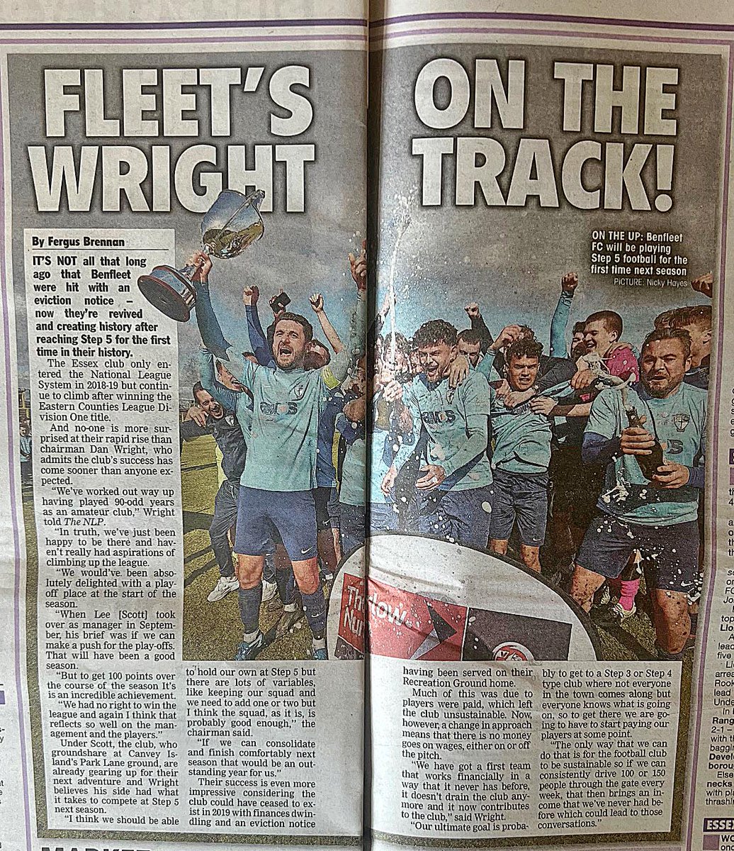 Great Page Lead story in today's @NonLeaguePaper on the remarkable success story that is @Benfleet_FC Well done to everybody concerned.