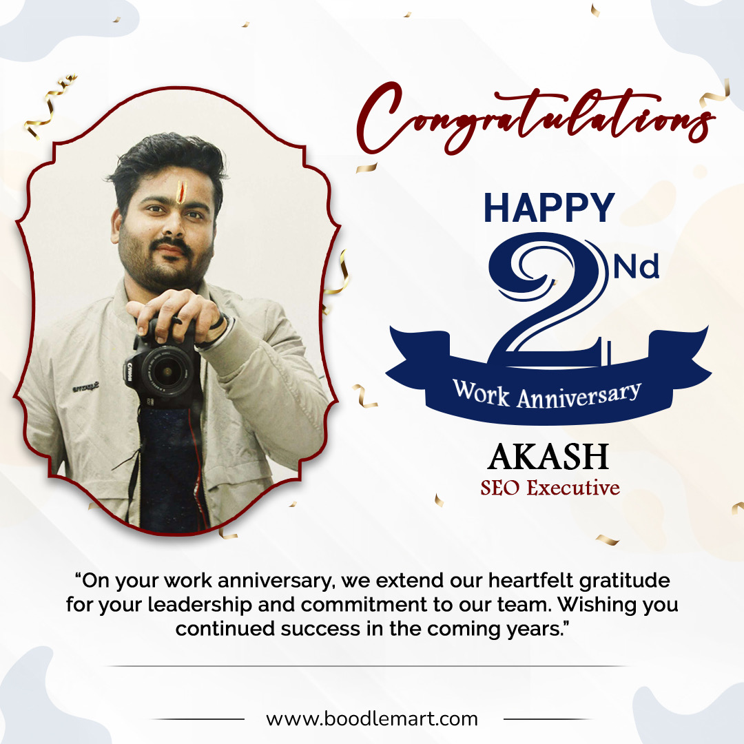 Cheers to another year of dedication and hard work! Happy work anniversary to our amazing employee Akash. Thank you for all that you do!

#Boodle #BoodleMart #BoodleWebMart #WorkAnniversary #TeamAppreciation #MilestoneAchieved