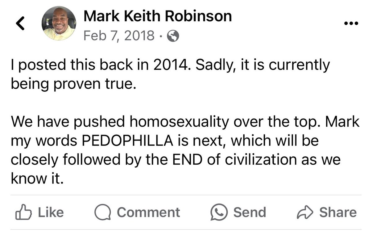 Robinson says homosexuality leads to “PEDOPHILLA” and then to the end of civilization. #ncpol