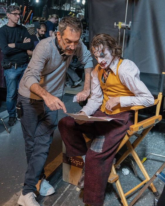 Todd Phillips and Joaquin Phoenix on the set of Joker (2019)