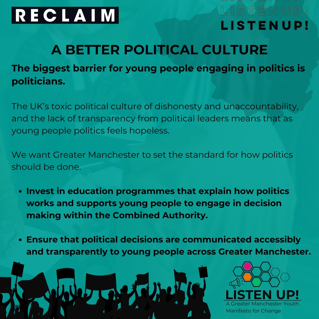 ''The biggest barrier for young people engaging in politics is politicans.' The final set of demands from our #ListenUp manifesto focus on creating a better political culture here in Greater Manchester #MayoralElection