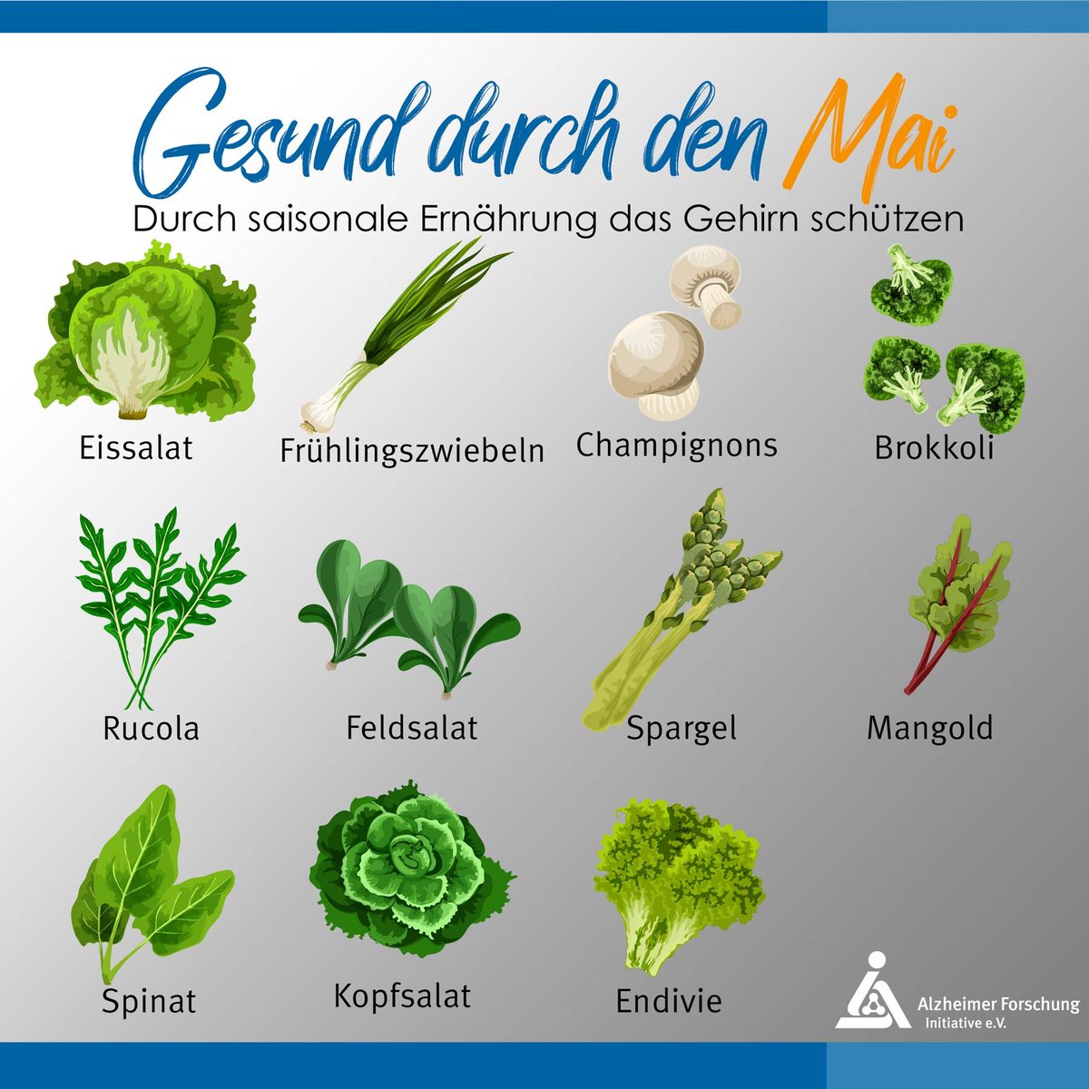 Alzheimer vorbeugen durch gesunde Ernährung? Wir stellen saisonales Obst und Gemüse für den Mai vor, die Körper und Gehirn optimal versorgen und vor #Alzheimer schützen. #alzstoppen #ichbeugevor