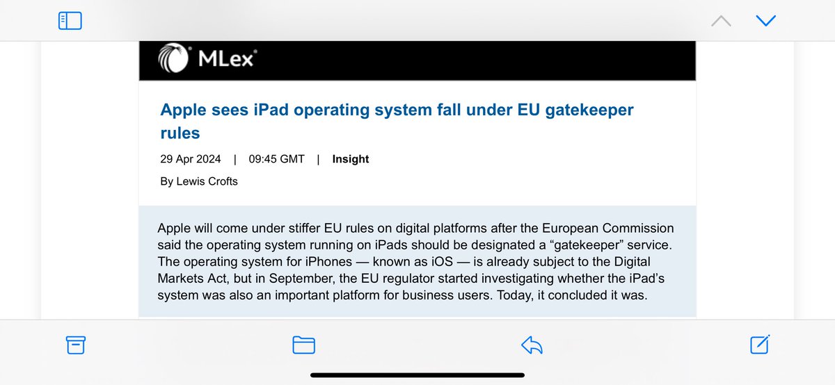 via @mlexclusive @lewis_crofts #Apple will come under stiffer EU rules on digital #platforms after the European Commission said the operating system running on iPads should be designated a “gatekeeper” service see you tomorrow #DMA panel and much more !!!!