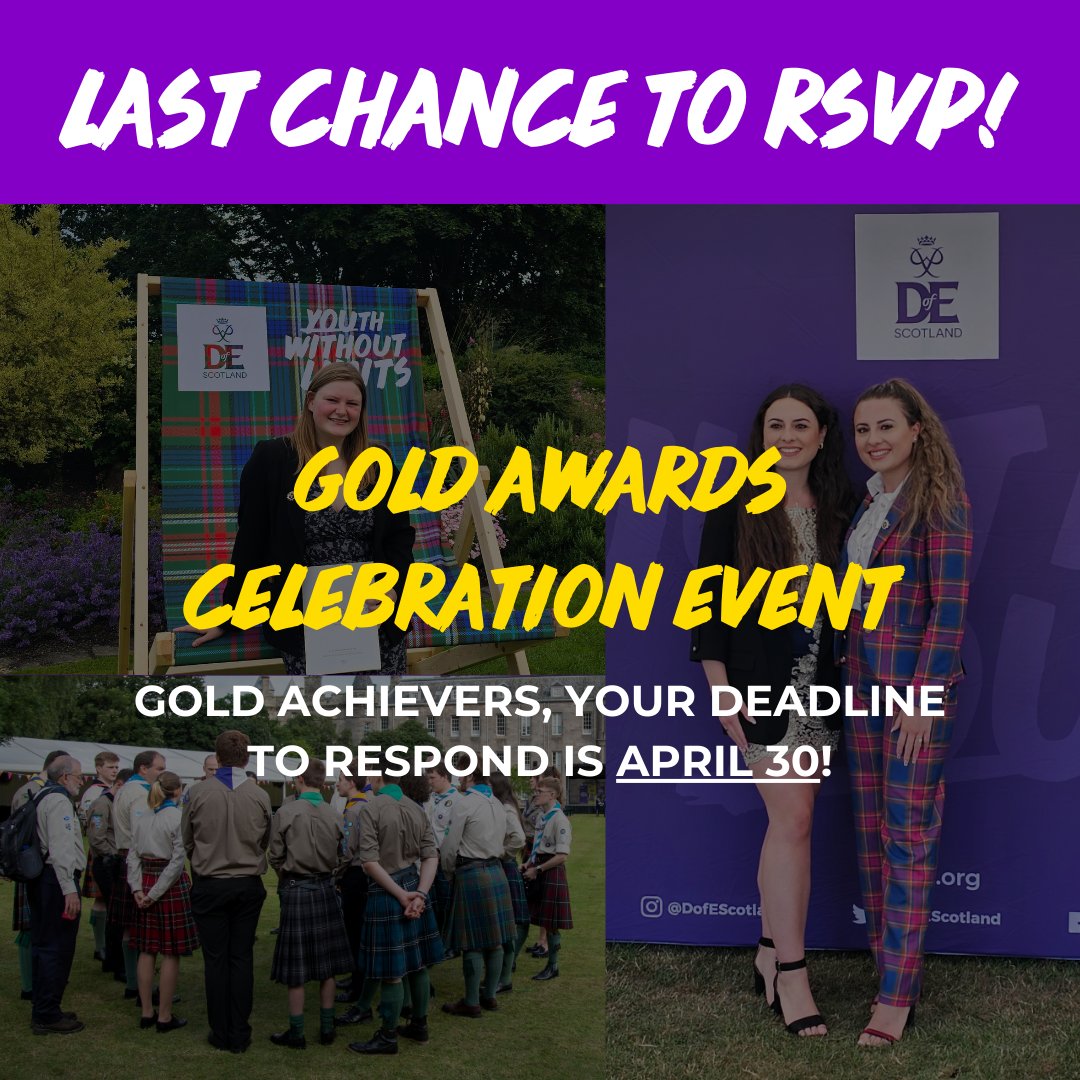 LAST CHANCE to RSVP to this years Gold Award Celebration Event on the afternoon of 4 July 2024 in the gardens of the Palace of Holyroodhouse. 📣 Head over to your eDofE account to accept (or decline) your invitation - you must RSVP by tomorrow!⭐️