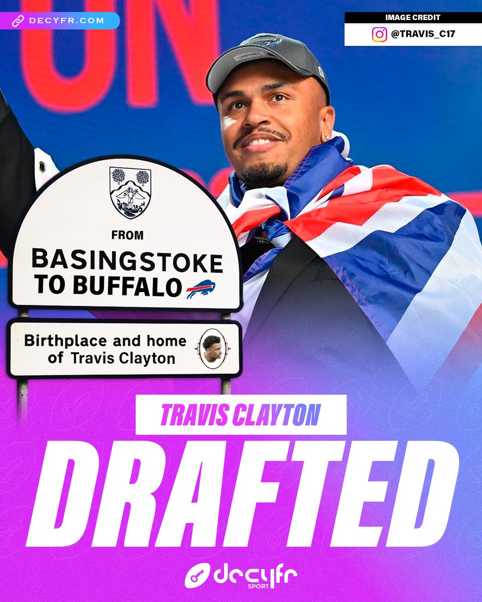 ICYMI: With the 221st pick of the 2024 NFL Draft, the @BuffaloBills selected the UK’s very own Travis Clayton 🇬🇧

From Basingstoke to Buffalo 👏

#Decyfr #NFL #NFLUK | @NFLUKIRE