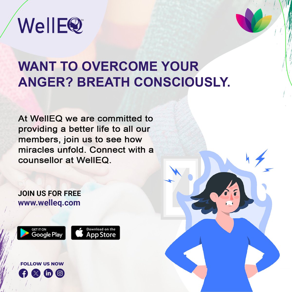 Overcome anger and embrace tranquility with WellEQ’s conscious breathing techniques. Connect with a counselor and start your journey to a better life today. Join us for free!
.
.
#WellEQ #AngerManagement #ConsciousBreathing #Counseling #MentalWellness #EmotionalHealth #SelfHelp