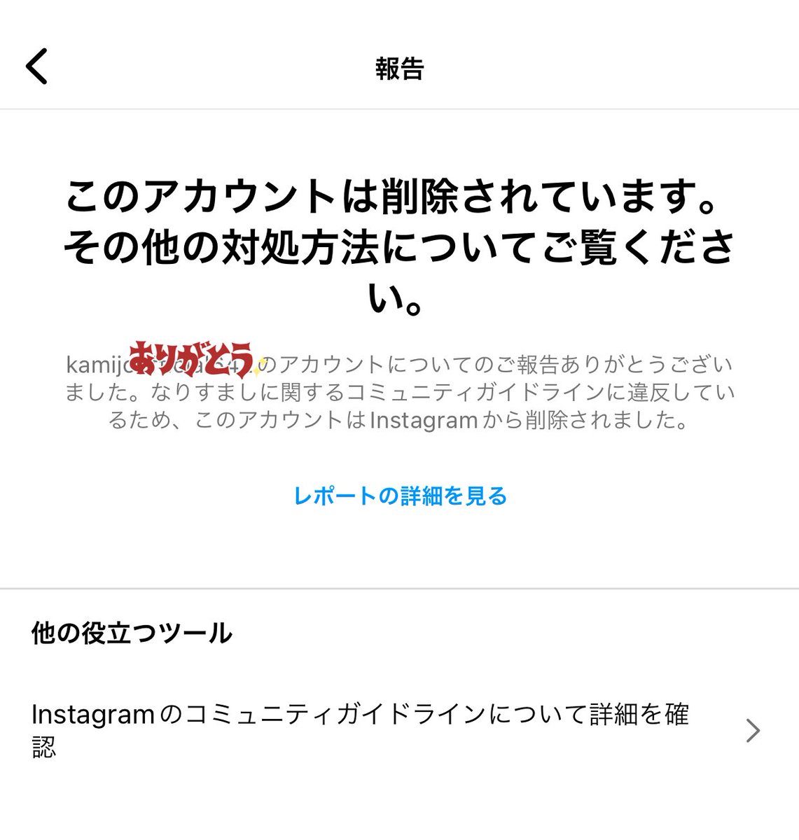 インスタのなりすましアカウントにフォローされたので、報告したら速やかにアカウント削除になりました🫡✨
そしてアカウント削除したこと報告してくれるのありがたい🥺