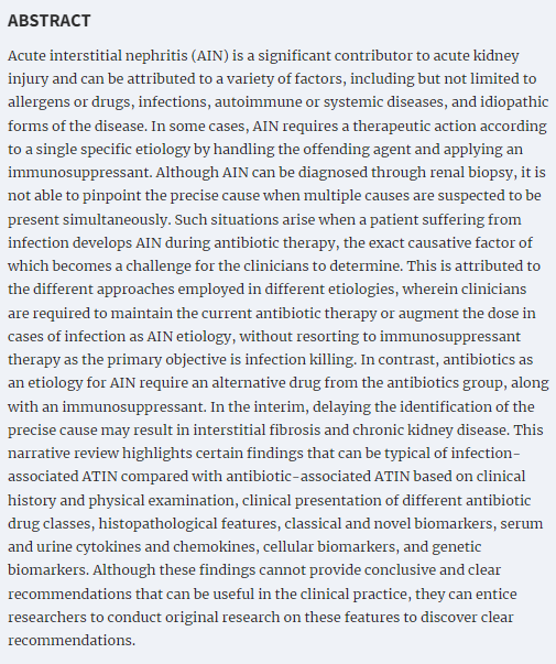 💊Treating AIN involves identifying the underlying cause 🤔 This Review aims to distinguish infection-related from antibiotic-induced AIN using clinical, histopathological & biomarker differences Read more in CKJ #OpenAccess: 👉doi.org/10.1093/ckj/sf…