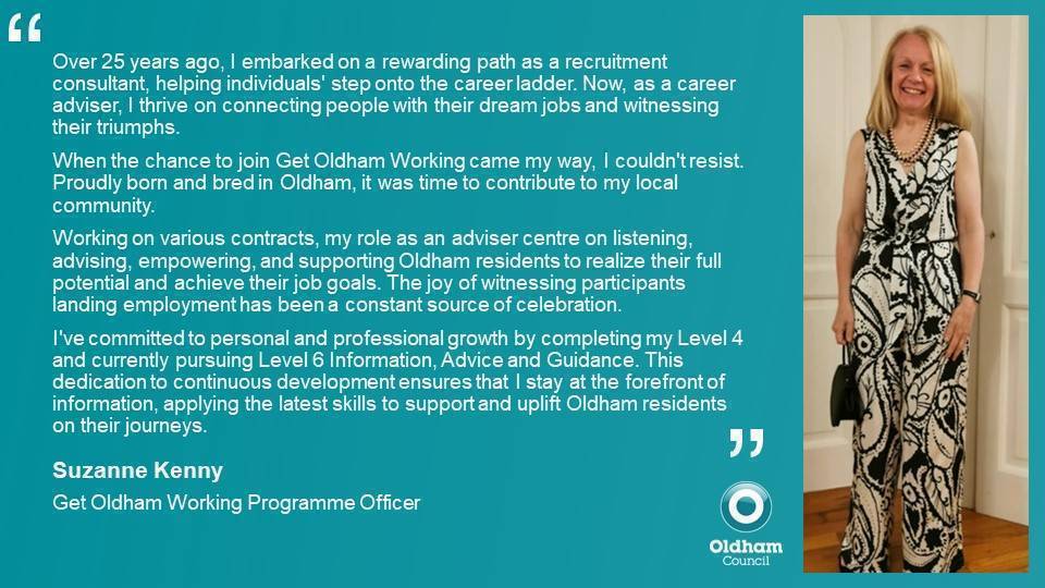 Meet one of our fantastic advisor's Suzanne. Suzanne has supported numerous Oldham residents into sustainable employment for almost 6 years!

Contact us on: 0161 770 4674 or getoldhamworking@oldham.gov.uk
#GetOldhamWorking #OldhamJobs