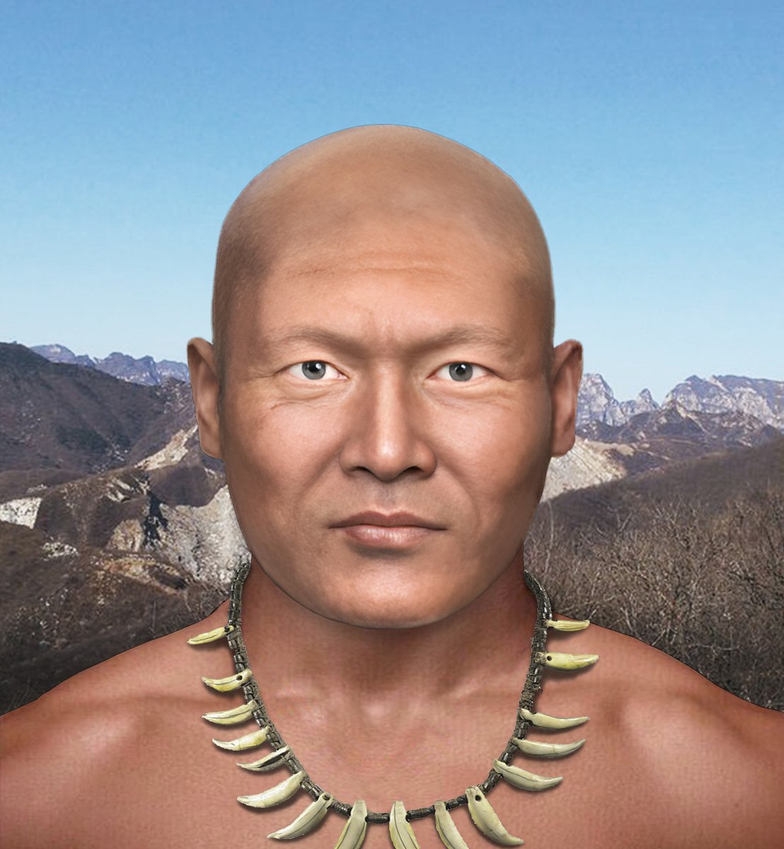 山顶洞人的颅面还原/原始蒙古人种 Facial reconstruction of the Shandingdong(Upper Cave) man, specimen from Upper Cave in Longgu Mountain, Zhoukoudian, Beijing, belongs to the 'proto-Mongoloid', living in the Late Paleolithic, about 27-34,000 years ago/Late Pleistocene,