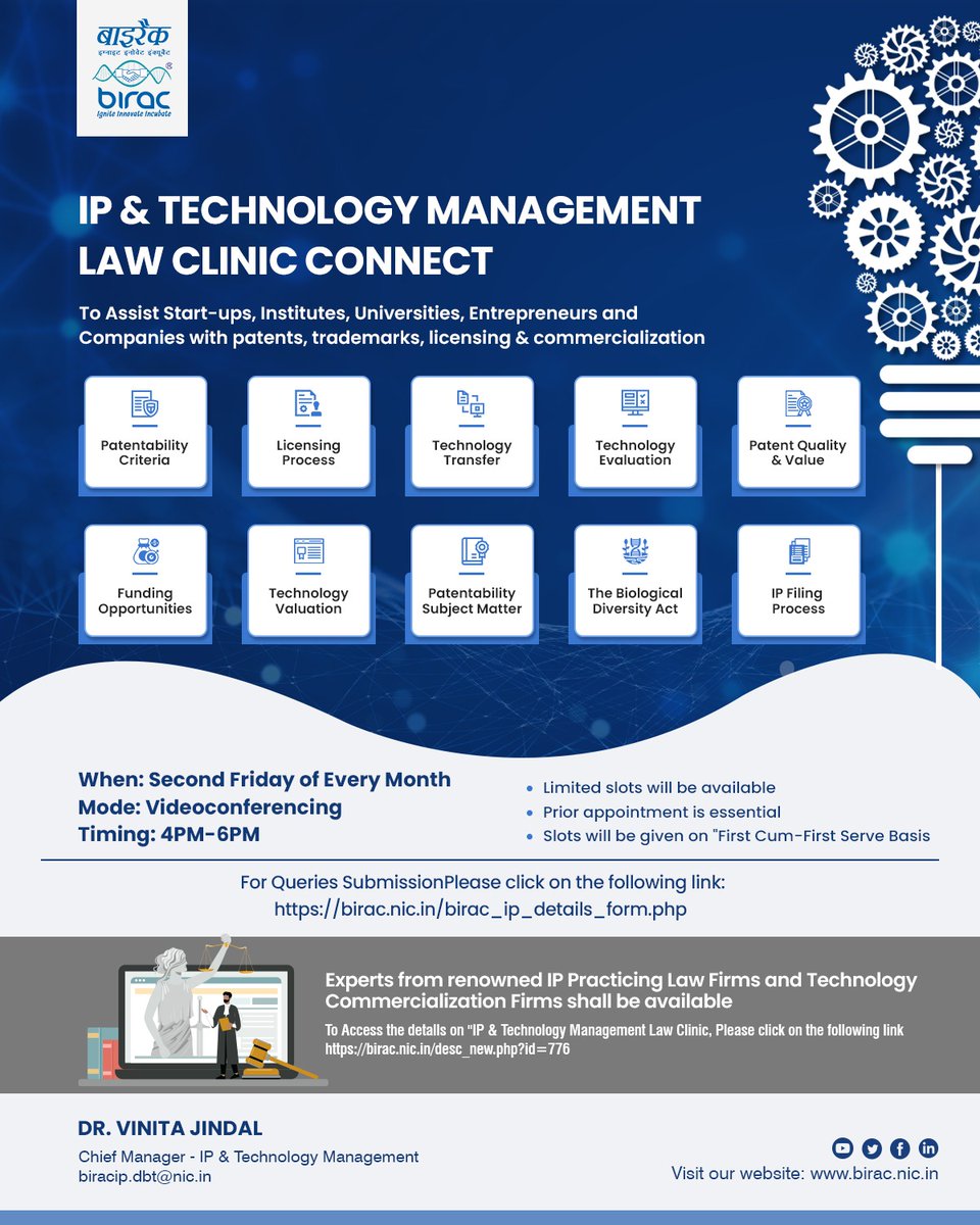 Join our next session of @BIRAC_2012 'IP & Technology Management Law Clinic Connect' on 10th May, 2024 from 4pm to 6 pm. Connect with us for expert support in IPR filing, Licensing, and Commercialization. For registration click here: birac.nic.in/birac_ip_detai…