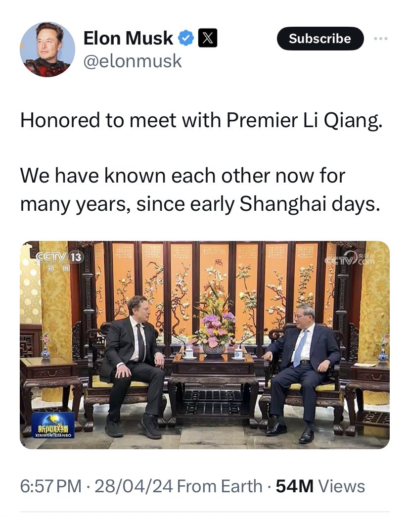 Modi Ji’s WA message to Elon “Barobar aahe, mothi loka tumhi.. amchya gareeba kade kon yenar!?” Elon Musk meets Chinese Premier Li Qiang after skipping India visit