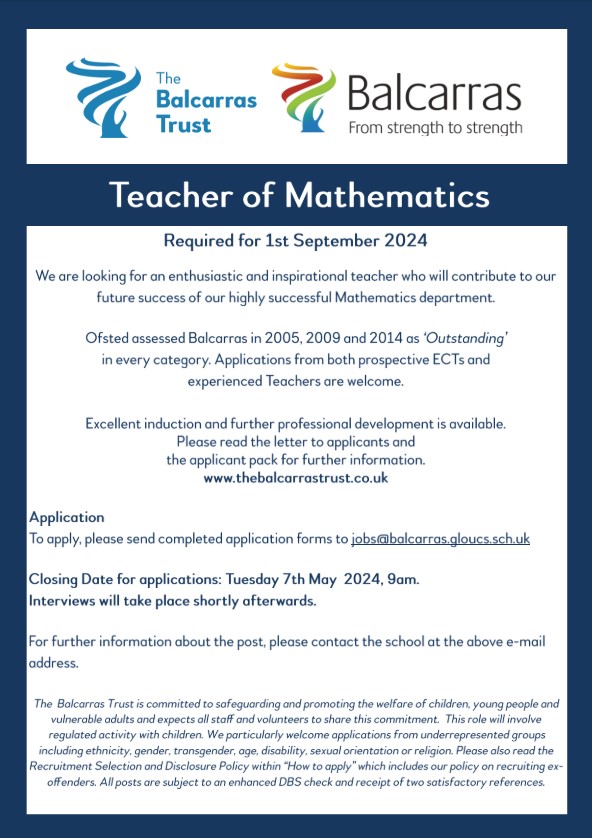We are looking for a Maths teacher to join our highly successful maths department. All the information can be found on the Balcarras Trust website. thebalcarrastrust.co.uk/page/?title=Va…