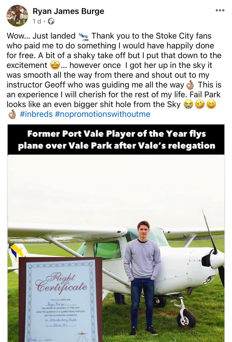 This is a ridiculous story… Former Port Vale player Ryan Burge hates the club so much, he flew a plane over their ground on Saturday with a banner MOCKING their relegation from League One. He got a pilot’s license, JUST so he could do it. All new levels of pettiness 🤣🤣