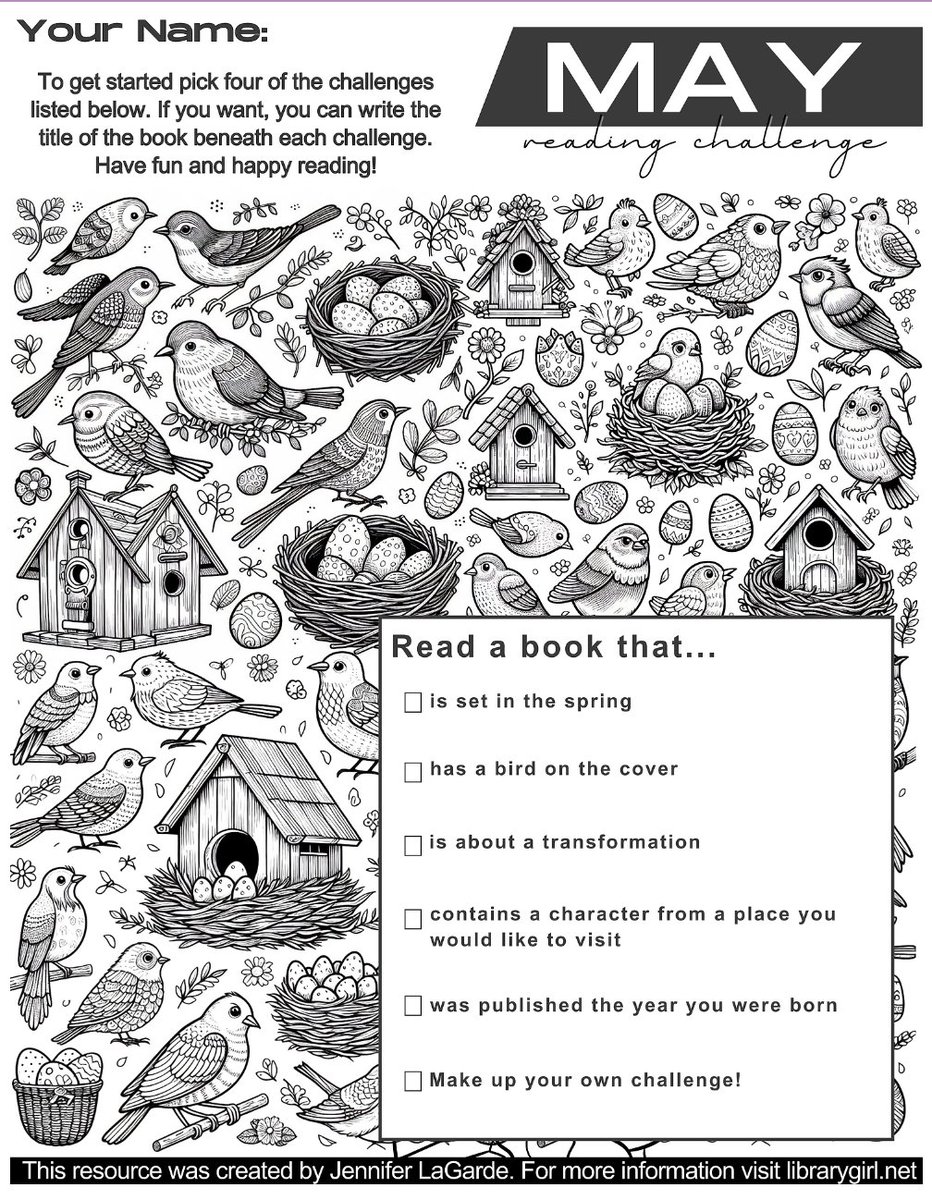 Just for fun, I’m creating monthly reading challenges/coloring sheets for readers of all ages - because both reading and coloring help to reduce stress. Here's the one for May. Happy reading AND coloring, y'all! 🖍️📚 🩵 FREE Download here: librarygirl.net/post/library-g…