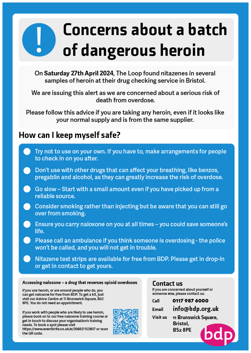 A safety warning has been issued in Bristol due to nitazenes being found in several samples of heroin over the weekend. For more information on how you can best keep yourself safe, please visit the link below. bdp.org.uk/concerns-about…