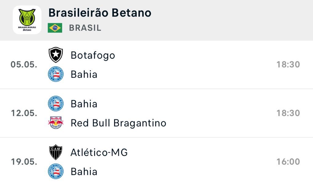 SEQUÊNCIA BOA PARA MOSTRAR O QUE O BAHIA REALMENTE QUER NESSE BRASILEIRÃO. 

Se quiser manter a Expectativa de Brigar na parte de cima: Tem que trazer pelo menos 6 pontos dessas 3 rodadas. 

Se trouxer 7 ou 9 eu fico iludido.