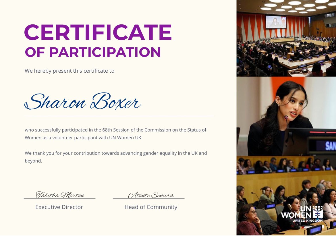 Delighted to share my certificate of participation as a volunteer delegate 🤩@UNWomenUK @UN_CSW @UN_Women 
#CSW68 #InspireInclusion #Mondayvibes