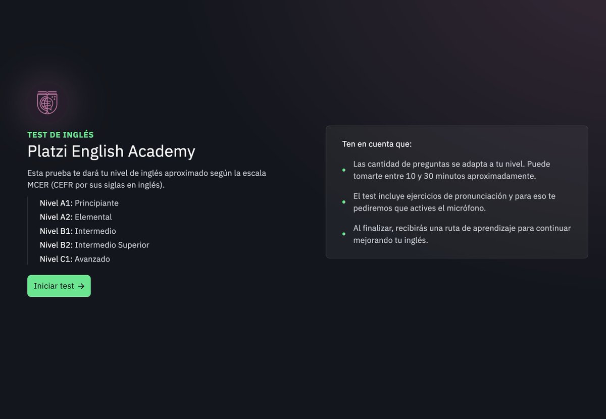 ¿Conoces tu nivel de inglés? 🗣️ Platzi ha lanzado un test gratuito que te ayuda a determinar tu nivel según la escala del Marco Común Europeo de Referencia para las Lenguas (CEFR). 👉👉👉