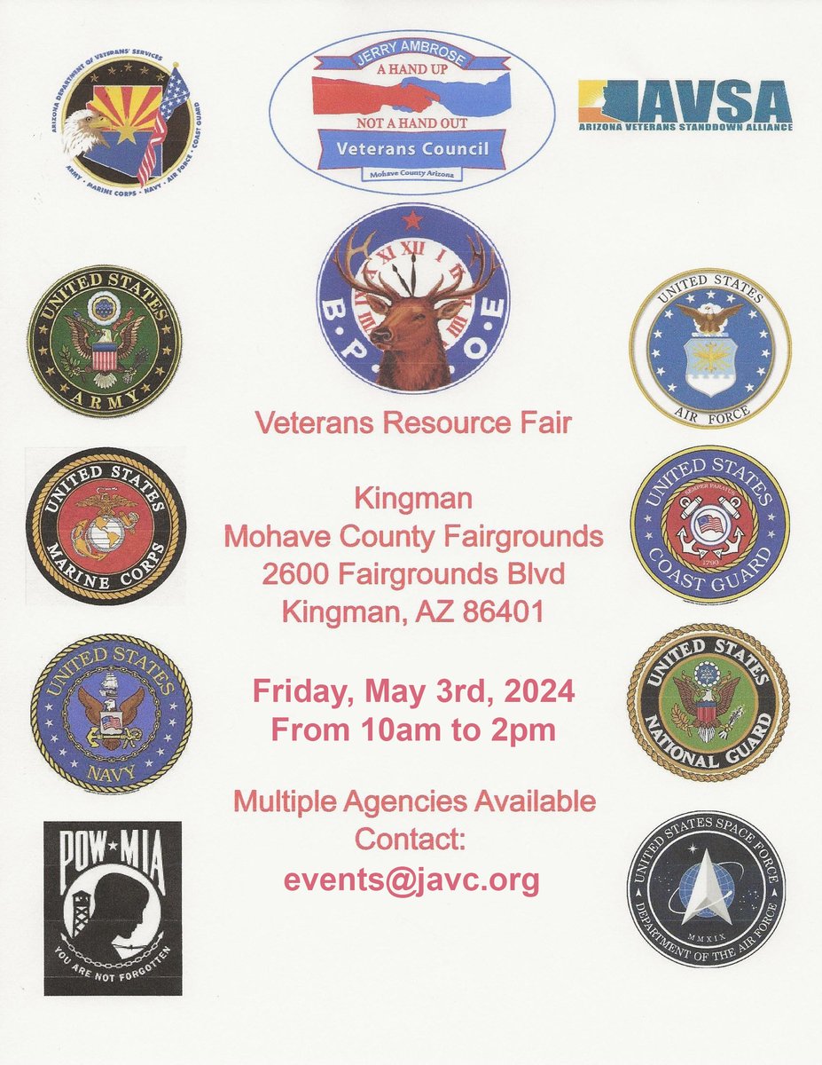 If you're a Veteran in #Mohave county don't miss the 2024 #Kingman StandDown at the Mohave County Fairgrounds THIS FRIDAY from 10AM-2PM. #AZVets #Veterans