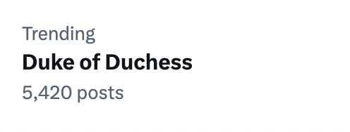 Very curious who's posting what about 'Duke of Duchess'...dare not click on it!🤣

Only seen it once in the first announcement yesterday...

#DukeOfDuchess