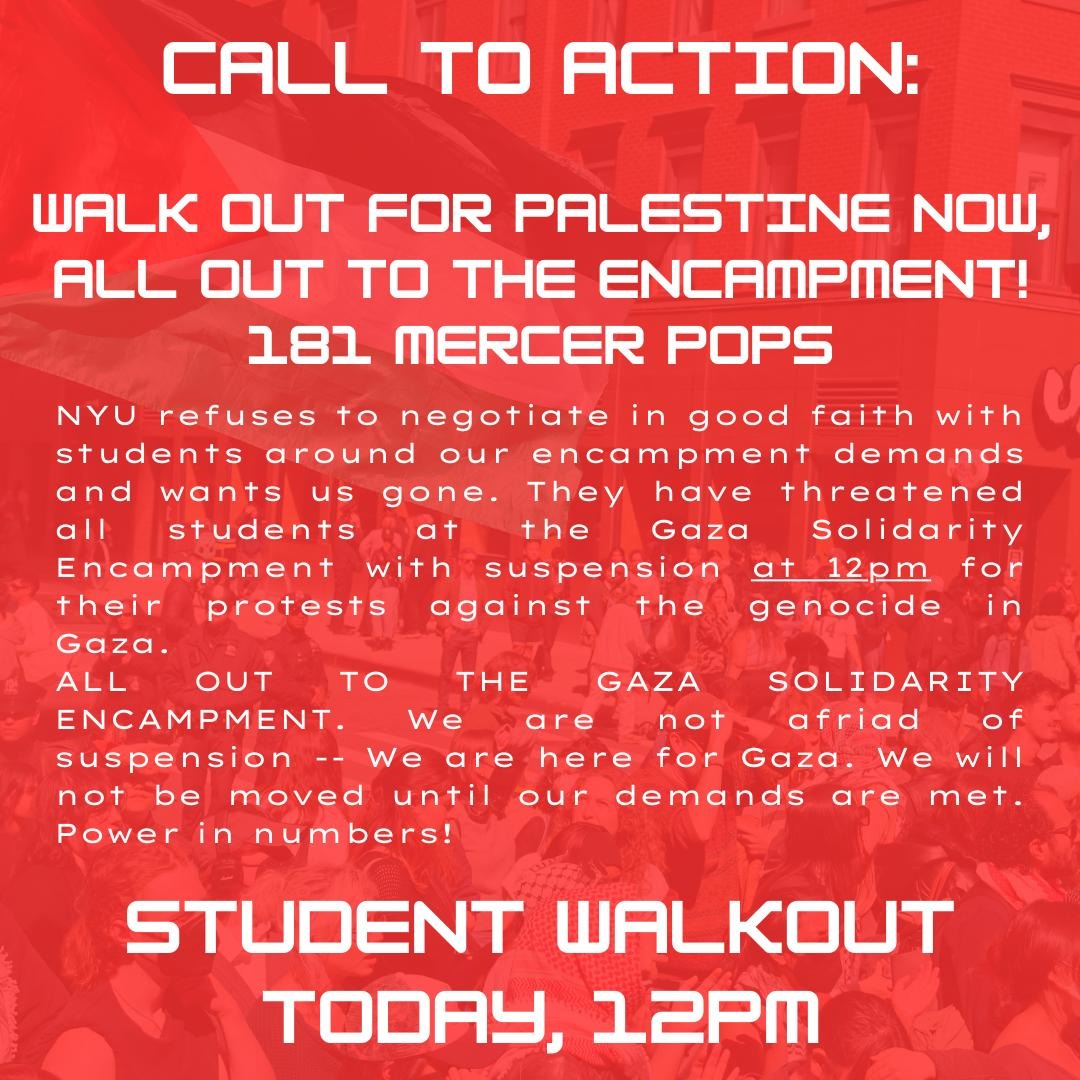 NYU refuses to negotiate, only threaten. ‼️Students need you at 181 Mercer NOW ‼️ #nyu4palestine