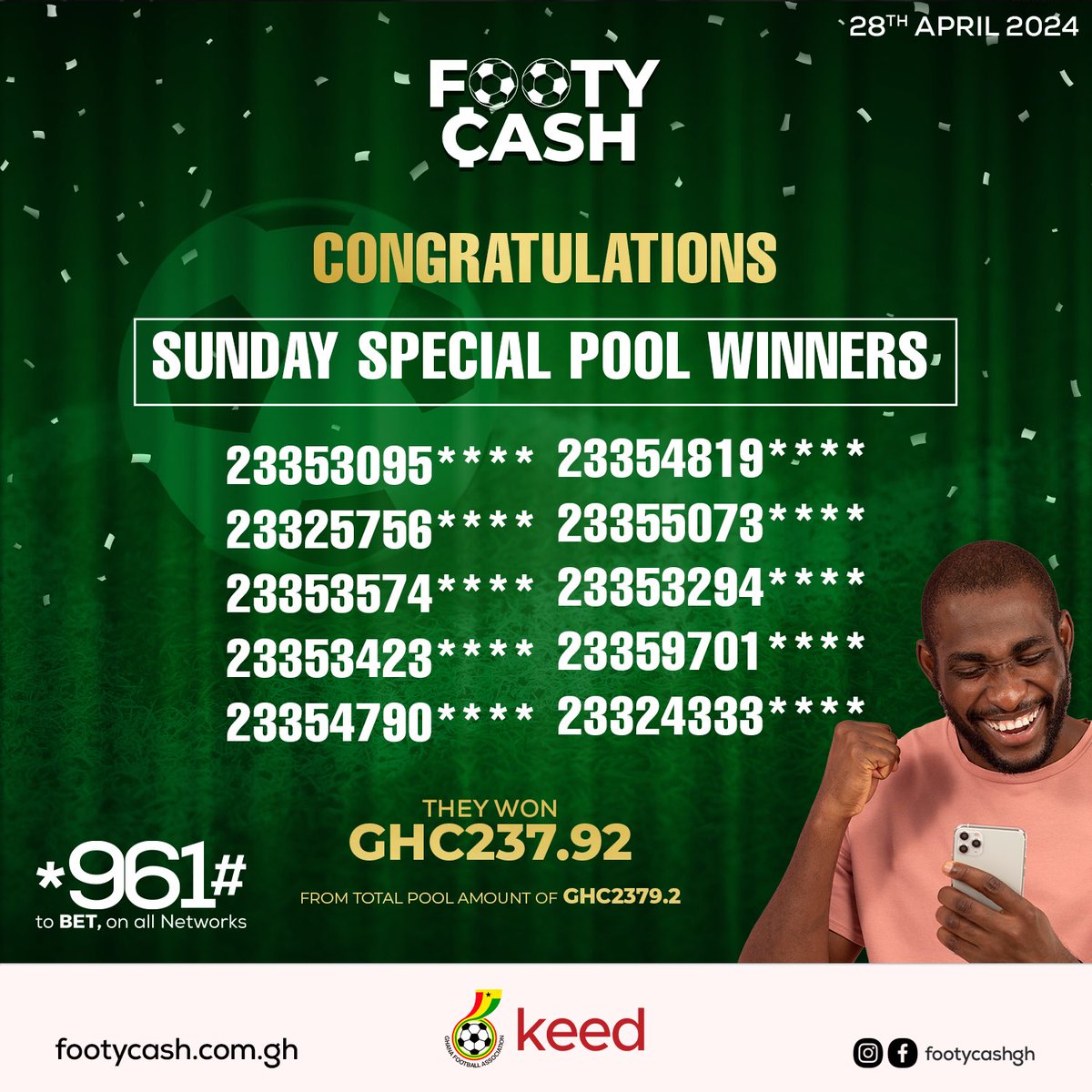Our Sunday Special Pool winners are in! Check if you’re one of them! ⚽️

Want to join the fun and potentially win big? Head to footycash.com.gh and start playing today!

#MatchweekPool #WinningMoments #FootballFun #FootyCash #football #sports