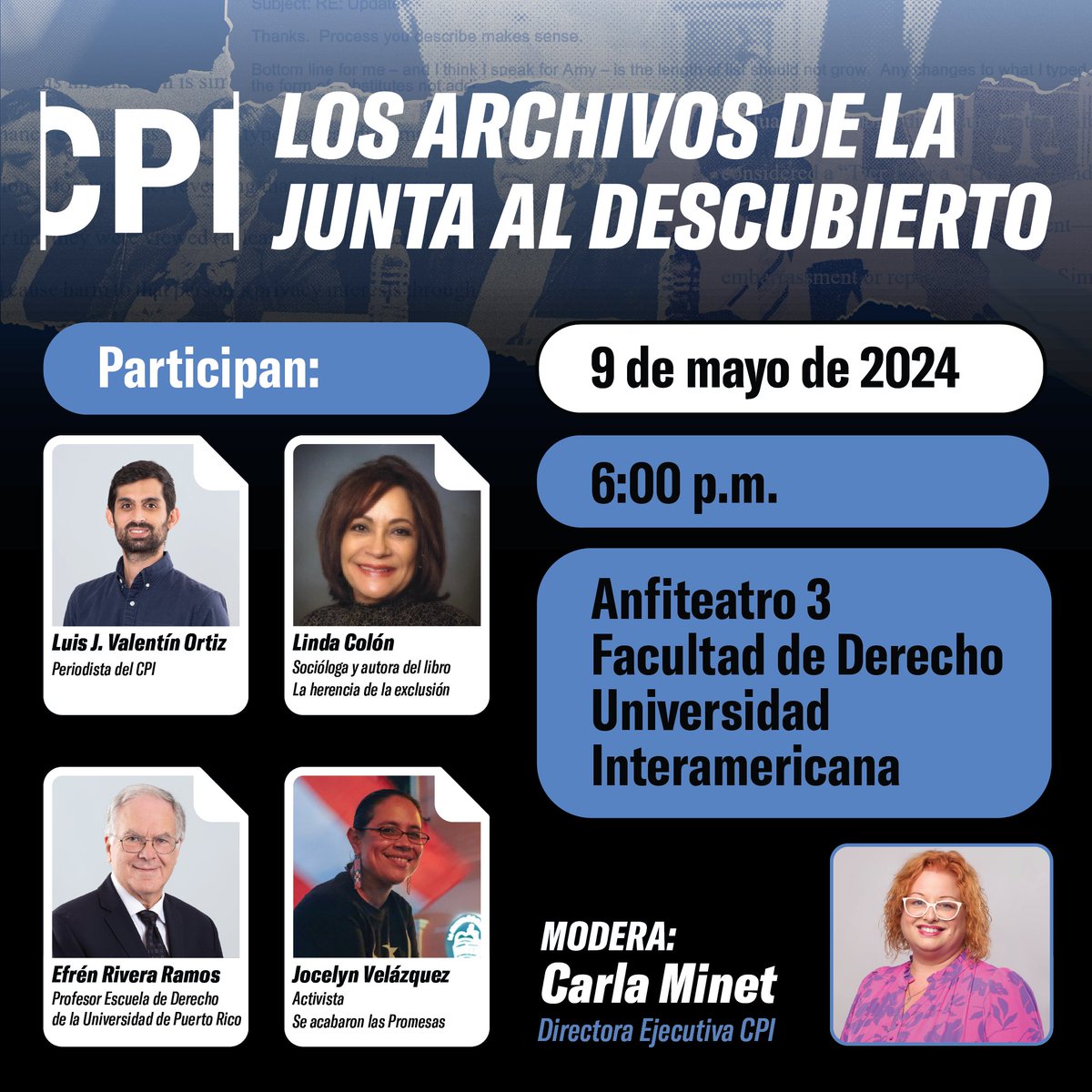 Les invitamos al lanzamiento del archivo digital “El Buscador de la Junta”, creado por el Centro de Periodismo Investigativo, en colaboración con @MuckRock, y que reúne, por primera vez, la mayor cantidad de documentos públicos disponibles sobre la Junta de Control Fiscal.