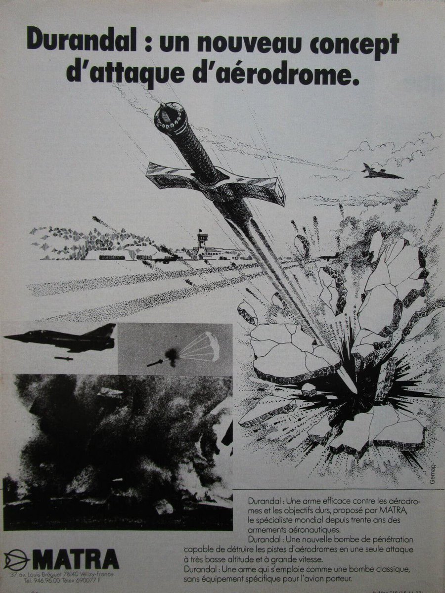 #VintageAdvertising for #MirageMonday - the Durandal anti runway missile was developed in France to be deployed from Mirage fighter jets. 

#dassault #mirage2000 #dassaultmirage #dassaultmirage2000 #aviation #matra #durandal #matradurandal