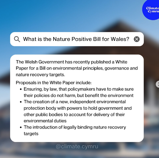 See this Instagram post by @climate.cymru instagram.com/p/C6OVJ_6vaff/… We have until 30th April to tell the Welsh Government that we need this legislation urgently, and that it must be robust and ambitious enough to achieve a Nature Positive Wales.