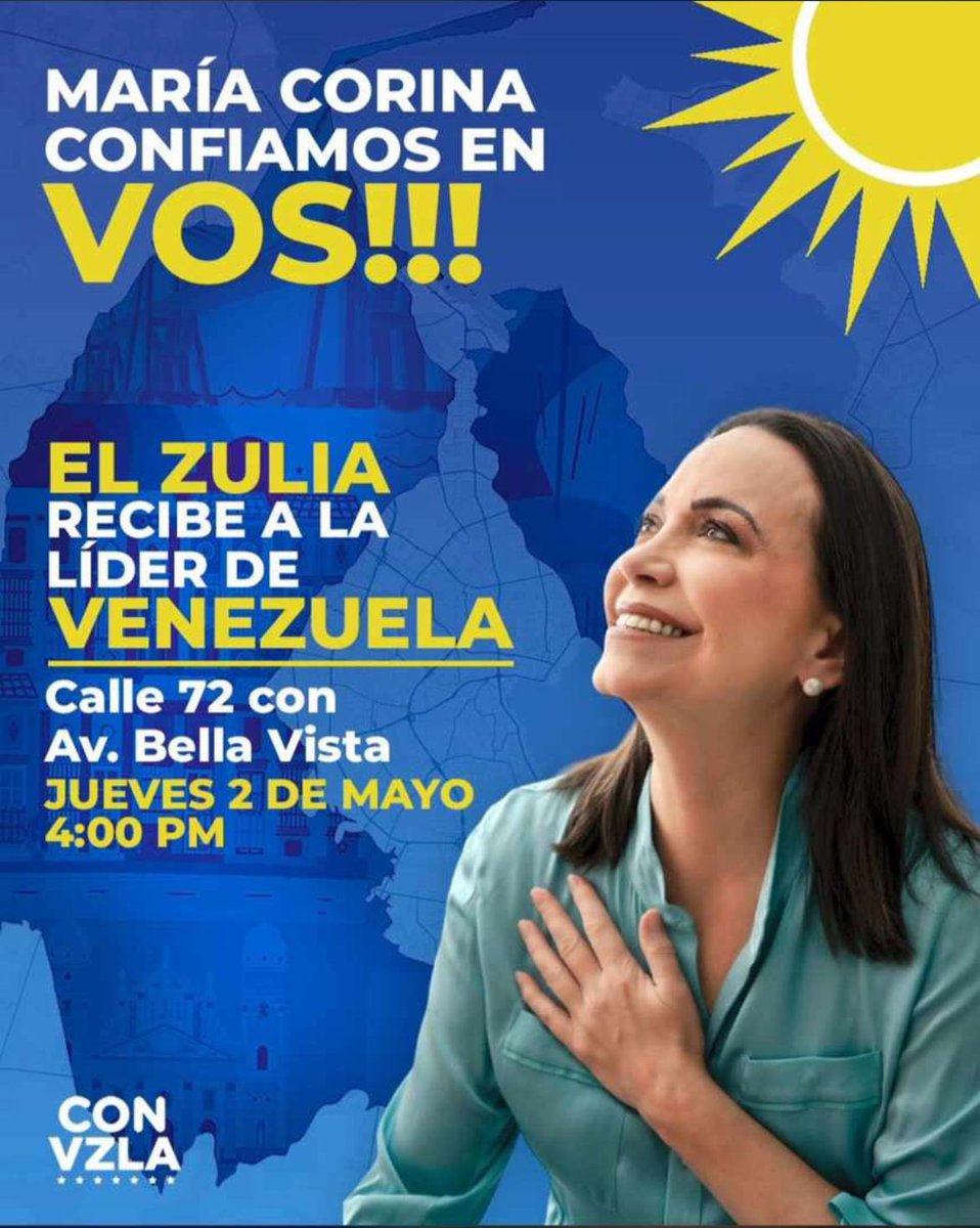 ¡Maracaibo! ☀️ Acompañemos todos a @MariaCorinaYA el próximo jueves 02 de mayo en la calle 72 con Av. Bella Vista a las 4:00pm. ¡Vamos a ganar este 28 de julio con Edmundo González!