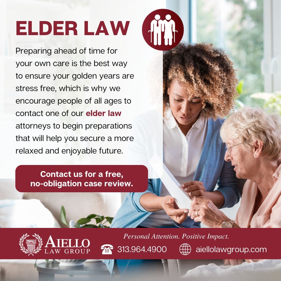 Prepare ahead of time for your own care and contact one of our elder law attorneys to begin preparations that will help you secure a more relaxed and enjoyable future.

🔗bit.ly/3wO3ChB
.
.
.
#aiellolawgroup #attorneysdetroit attorneysmichigan #elderlaw #elderlawattorney