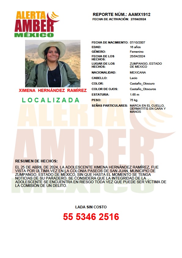 La #AlertaAMBER para la adolescente XIMENA HERNÁNDEZ RAMÍREZ de 16 años, se desactiva debido a su localización. ¡Gracias por tu apoyo!